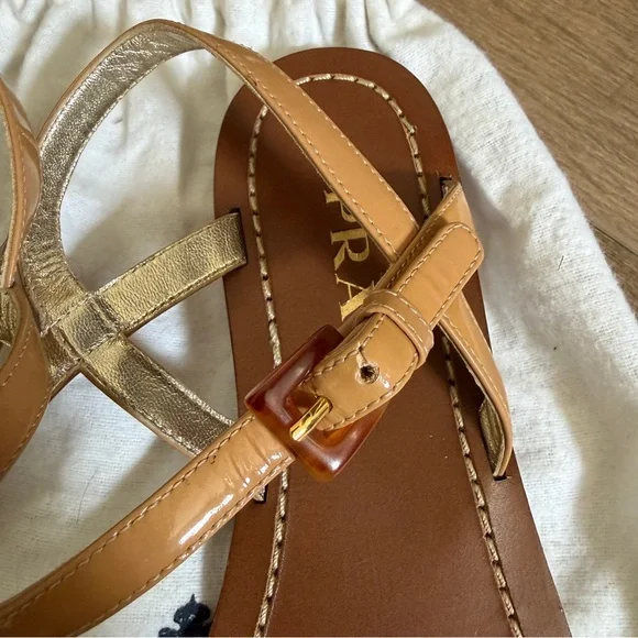 PRADA Leather Nude Sandal 37 Tortoise Shell Style Chain Links Strappy Flat Italy - Picture 9 of 14